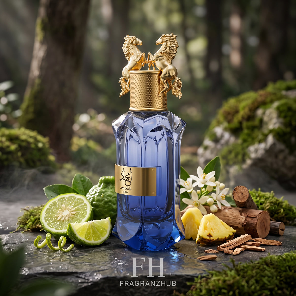 Amjaad Noble de Le Falconé en primer plano, rodeado de bergamota, piña, neroli, cedro y musgo sobre piedra húmeda, con iluminación dramática, bruma sutil y fondo boscoso desenfocado.