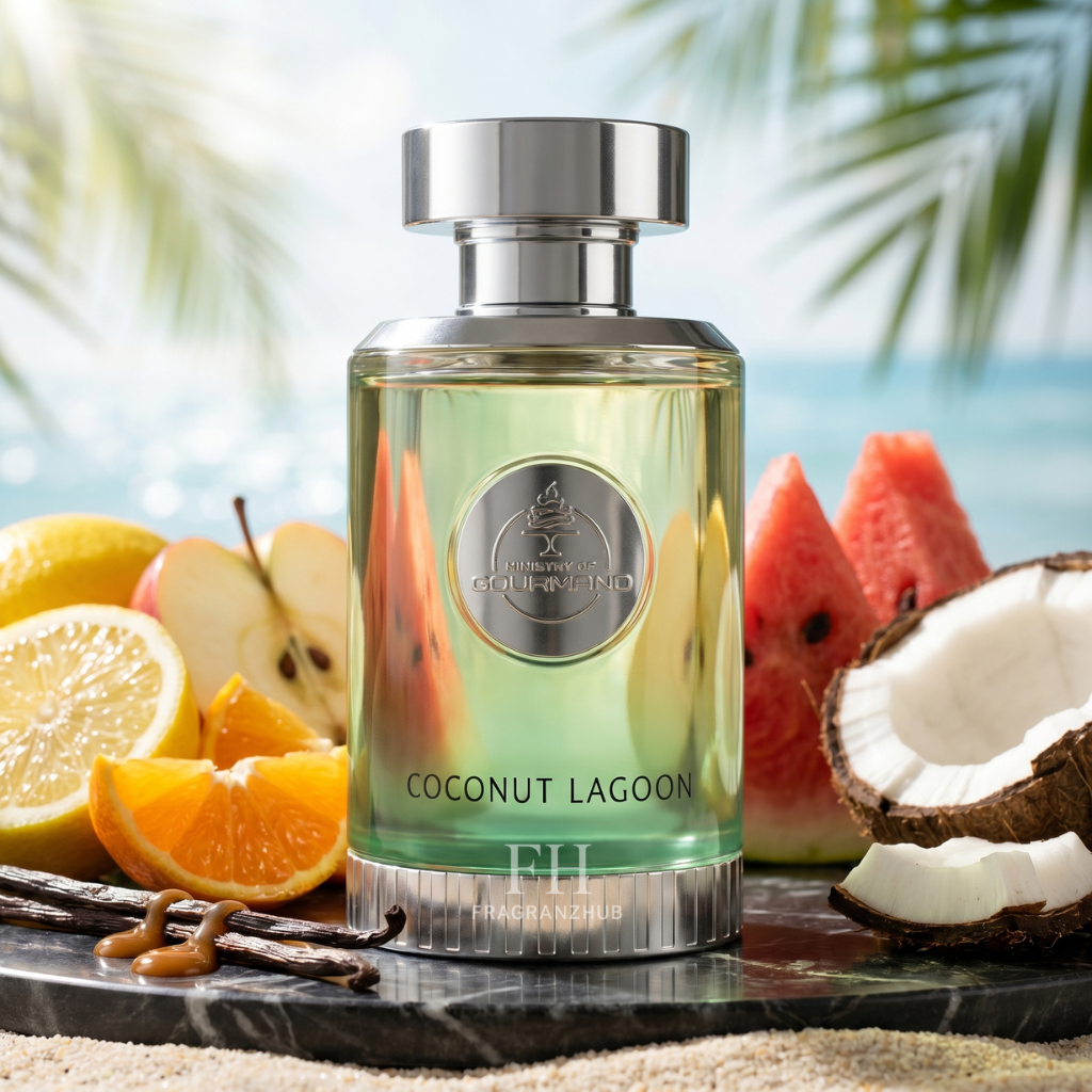 Perfume Coconut Lagoon de Paris Córner, botella de vidrio cilíndrica con líquido verde claro, rodeada de fruta tropical fresca como coco abierto, rebanadas de sandía, naranja, manzana, limón y vainas de vainilla con caramelo, sobre un fondo de playa caribeña con palmeras.