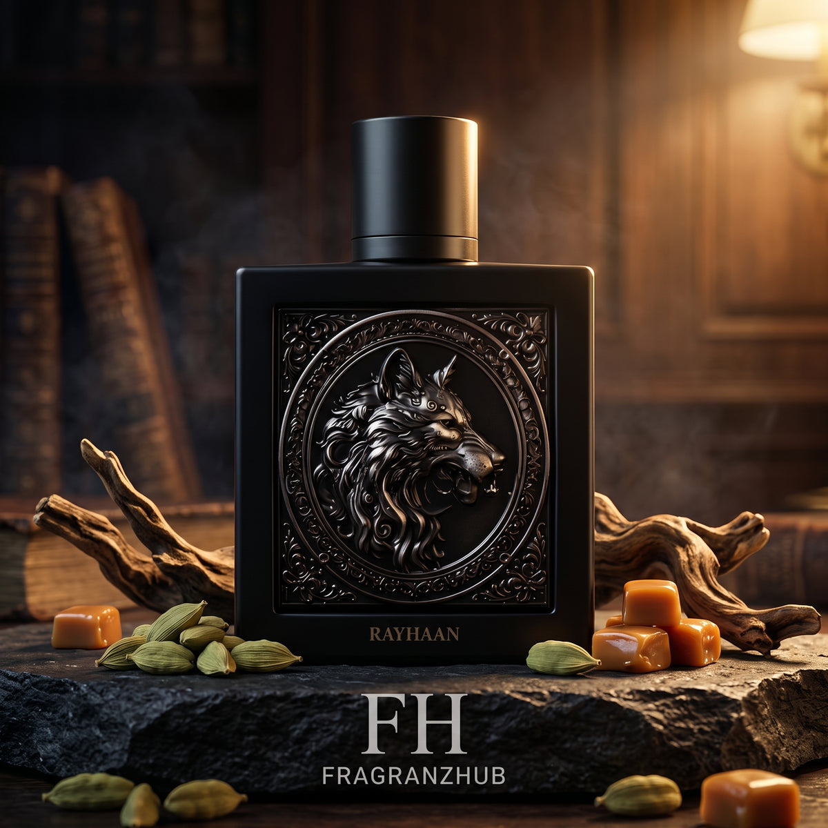Wolf de Rayhaan en primer plano, rodeado de cardamomo, tófe y Amberwood sobre piedra oscura, con iluminación cálida y dramática, atmósfera nocturna y fondo suavemente desenfocado.