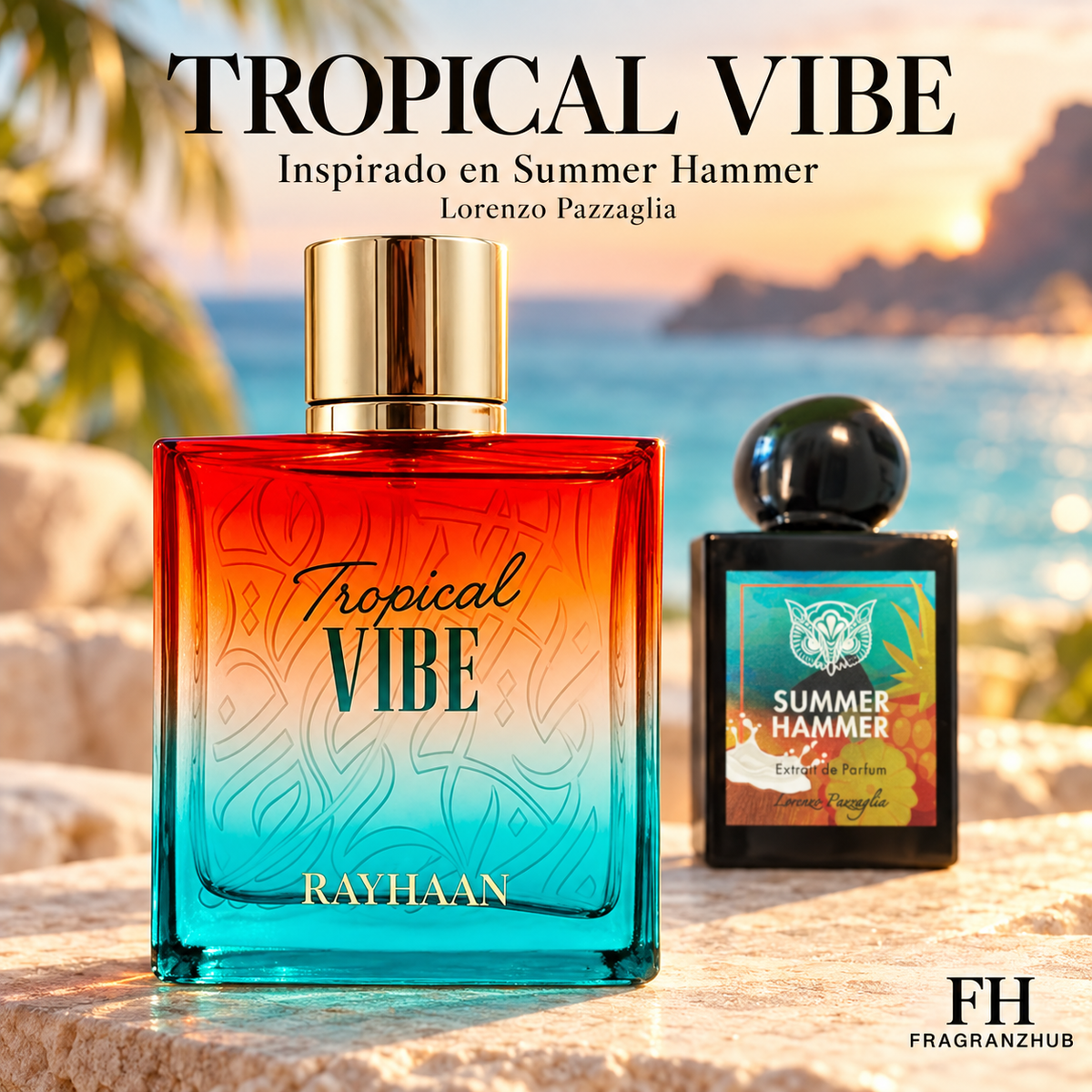 Tropical Vibe de Rayhaan en primer plano junto a una botella de Summer Hammer de Lorenzo Pazzaglia al fondo.