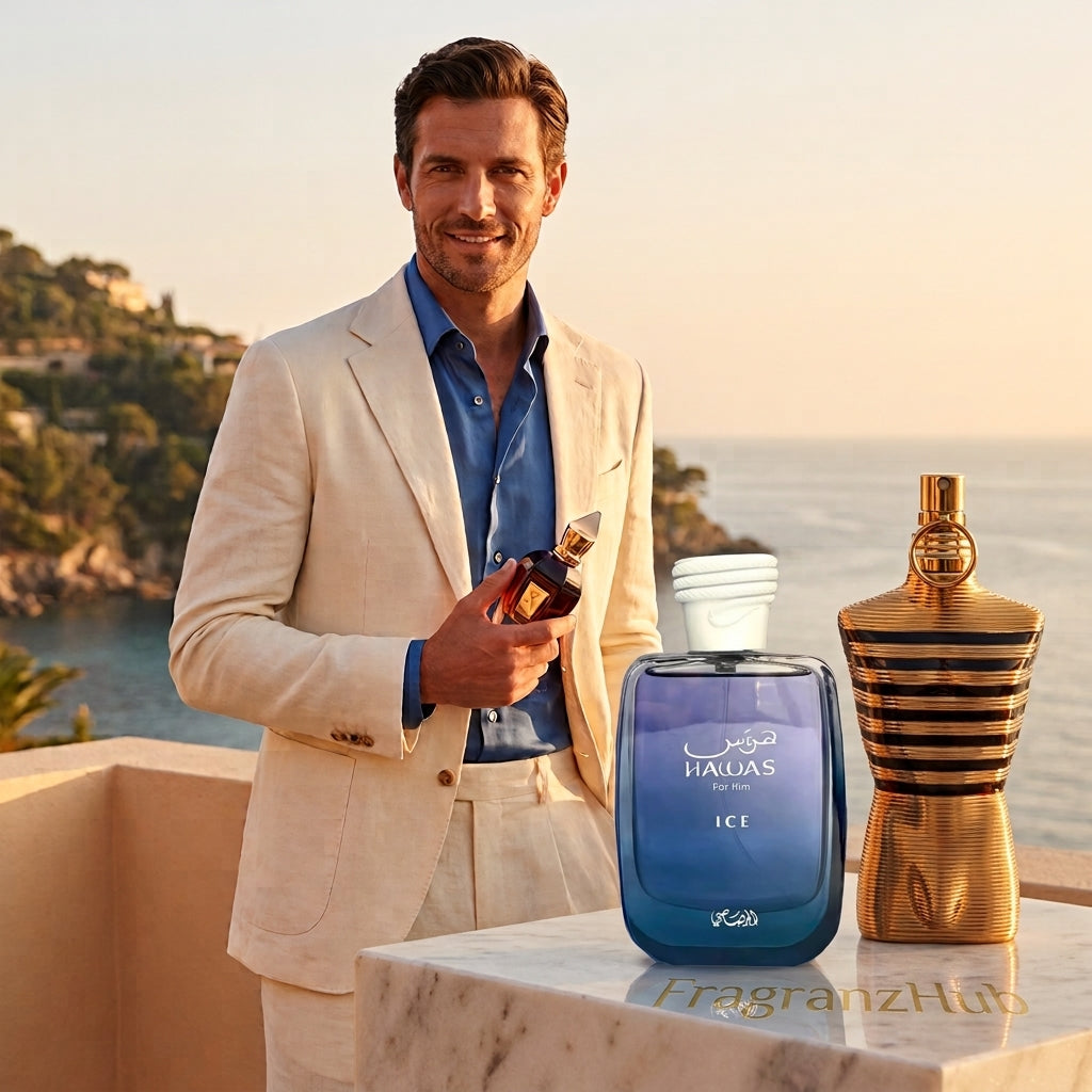 Perfume para hombre original de diseñador y nicho sobre mármol en la tienda FragranzHub.