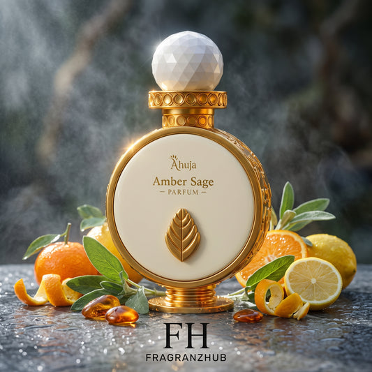 Amber Sage con la botella en primer plano sobre piedra húmeda, rodeada de cítricos, hojas de salvia y piezas de ámbar, con gotas de agua, bruma ligera e iluminación fresca con reflejos cálidos.