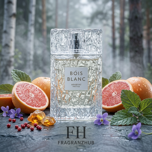 Bois Blanc en primer plano sobre piedra húmeda, rodeado de toronja, resina de elemí, pimienta rosa, violetas y pachulí, con iluminación fría, reflejos cálidos y un bosque brumoso desenfocado.