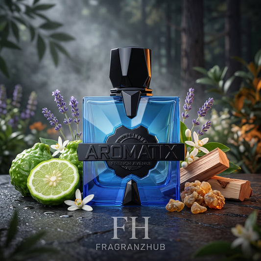 Magnetiq en primer plano sobre piedra húmeda, rodeado de bergamota, lavanda, flor de azahar, cedro y mirra, con iluminación fría y ámbar, niebla sutil y un fondo de bosque suavemente desenfocado.