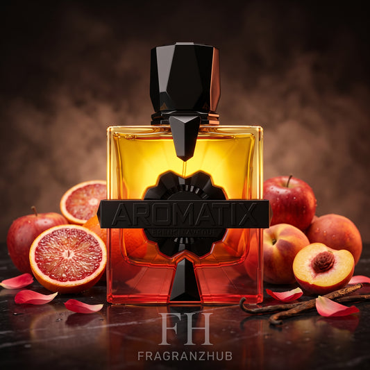 Forbidden Fruit en primer plano sobre piedra oscura, rodeado de naranja sanguina, manzana roja, durazno, pétalos de rosa y vainilla, con iluminación ámbar dramática y ambiente nocturno desenfocado.