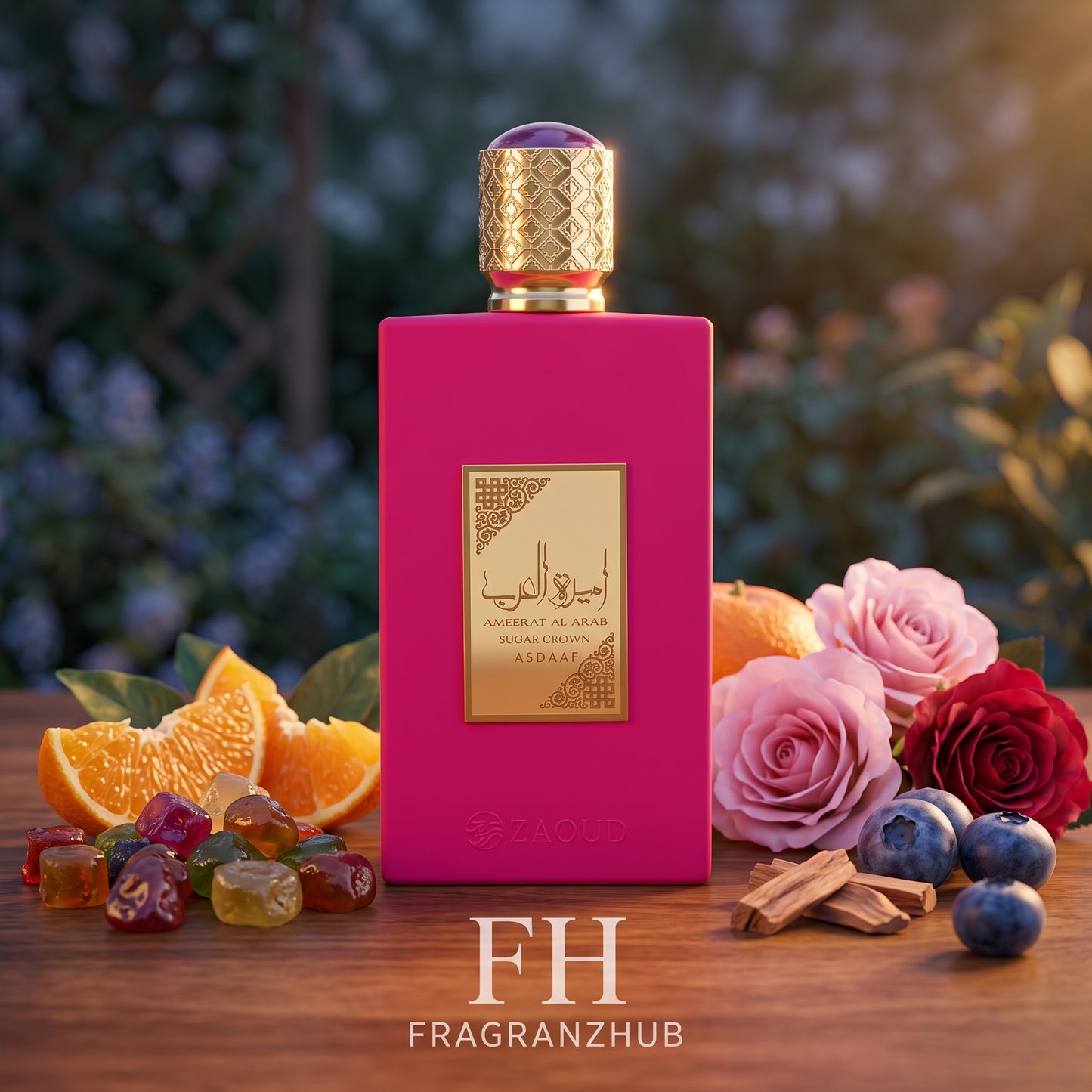 Ameerat Al Arab Sugar Crown de Asdaaf en primer plano, rodeado de naranja amarga, frutas confitadas, moras azules, rosas búlgaras y cedro sobre madera cálida, con luz dorada, fondo desenfocado y logo discreto debajo.
