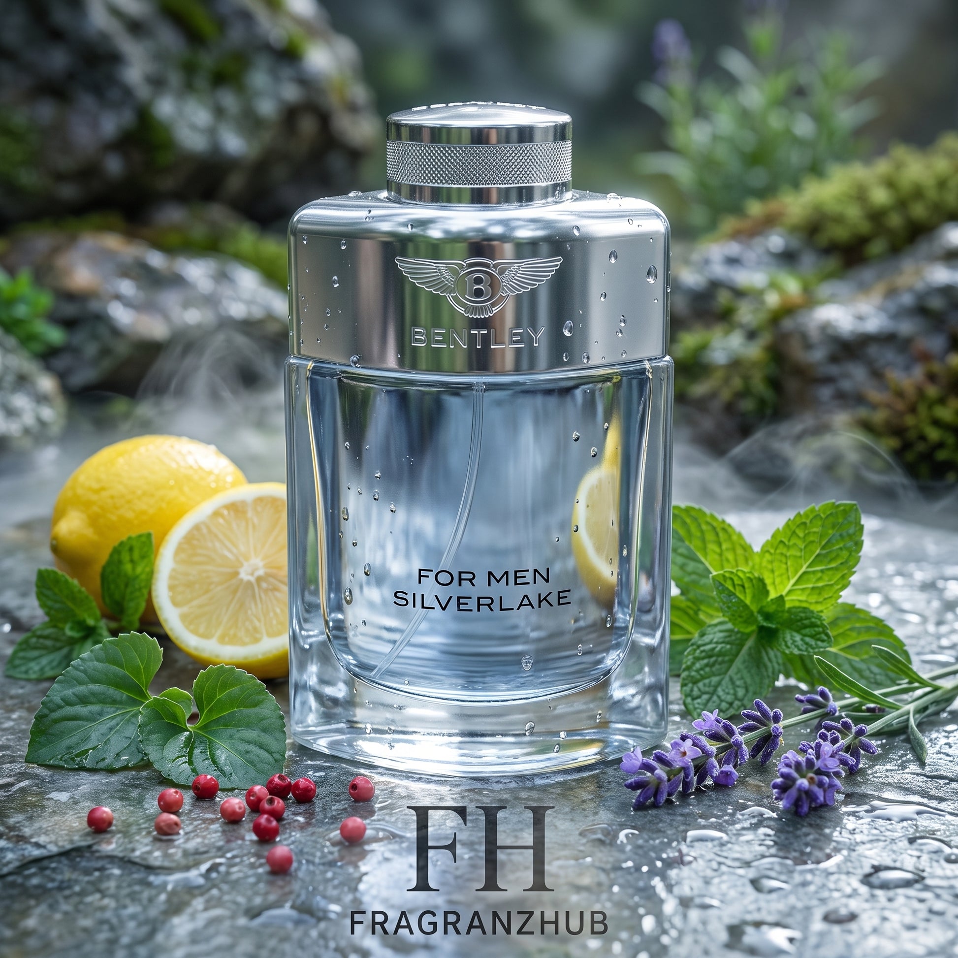 Bentley For Men Silverlake en primer plano, rodeado de limón, menta, hojas de violeta, lavanda y pimienta rosa sobre piedra húmeda, con luz fría y dramática, bruma suave y un ambiente fresco, acuático y elegante