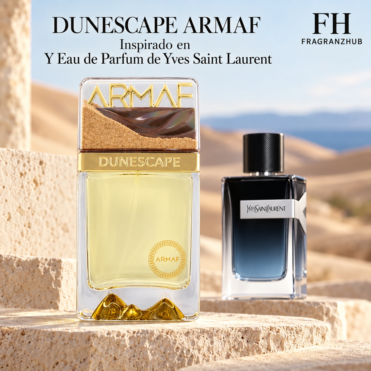 Dunescape de Armaf junto a Y Eau de Parfum de Yves Saint Laurent, sobre un fondo de dunas con texto de inspiración.