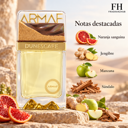 Dunescape de Armaf acompañado de naranja sanguina, jengibre, manzana y sándalo, con sus notas destacadas y logo de FragranzHub.