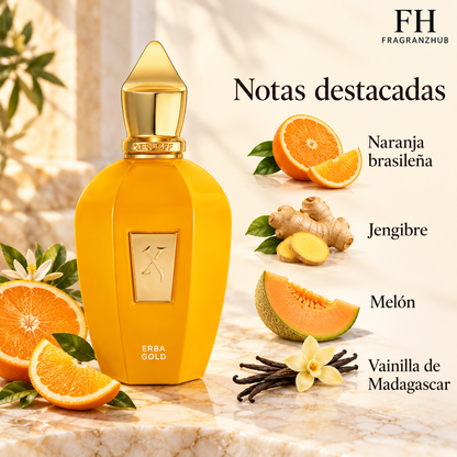 Erba Gold de Xerjoff con naranja brasileña, jengibre, melón y vainilla de Madagascar, sus notas destacadas y logo de FragranzHub.