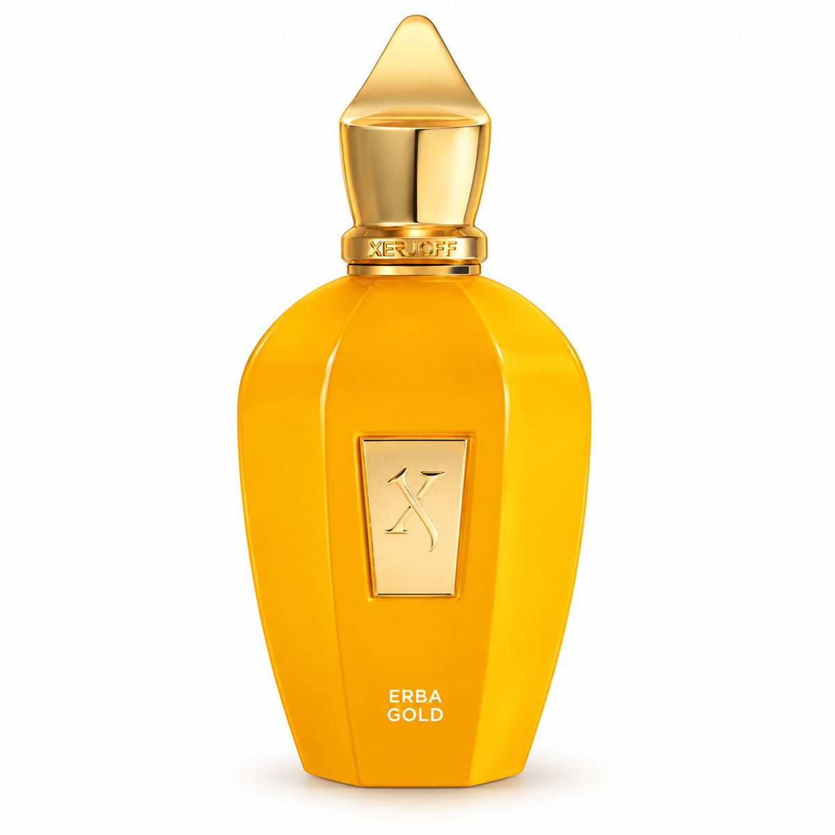 Botella amarilla de Erba Gold de Xerjoff con tapa y placa doradas, sobre fondo blanco.