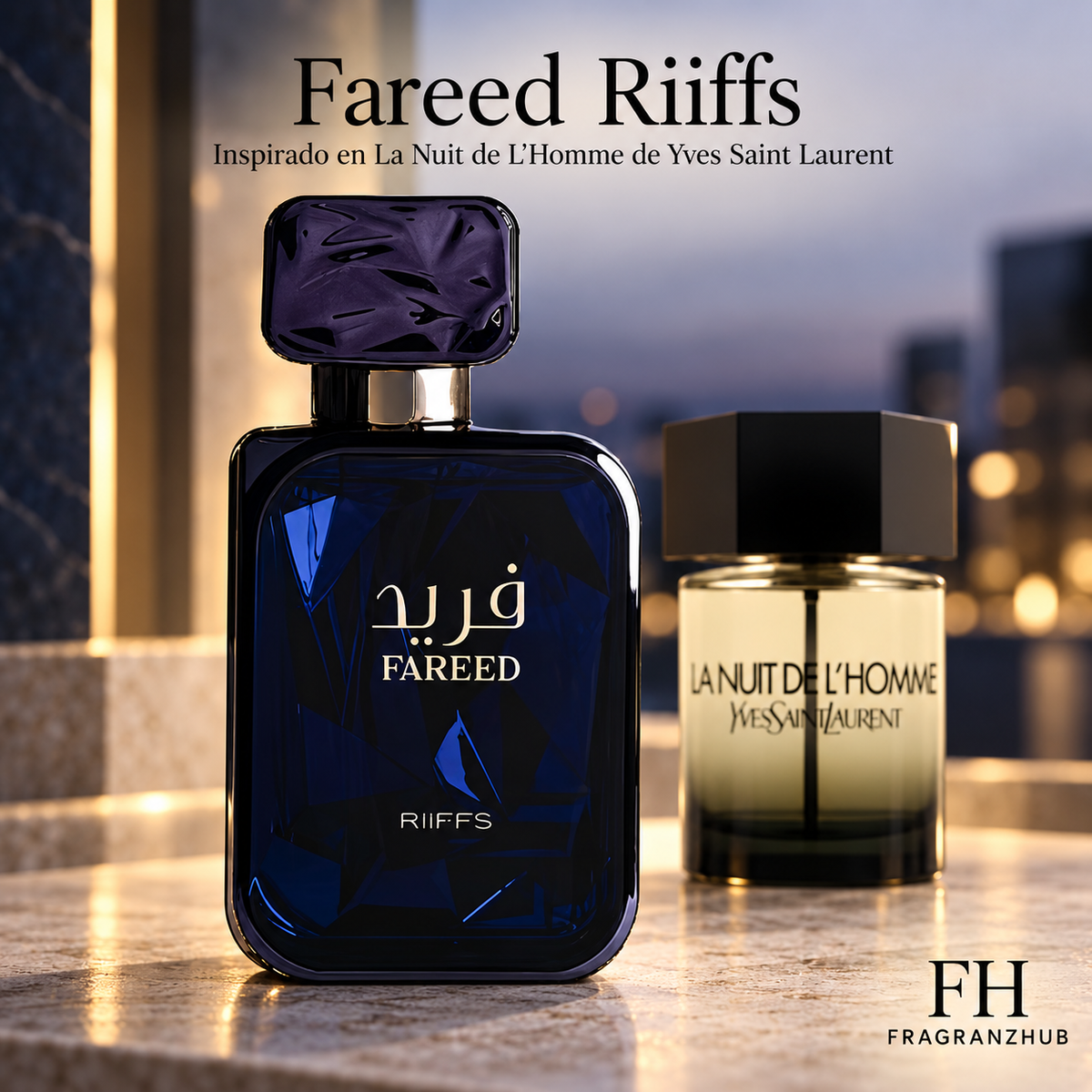 Perfume Fareed de Riiffs en primer plano, con La Nuit de L’Homme de Yves Saint Laurent al fondo como referencia de inspiración.