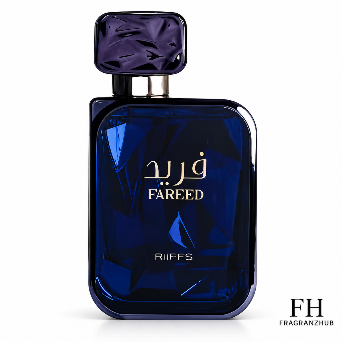 Perfume Fareed de Riiffs en frasco azul oscuro con tapa violeta sobre fondo blanco.