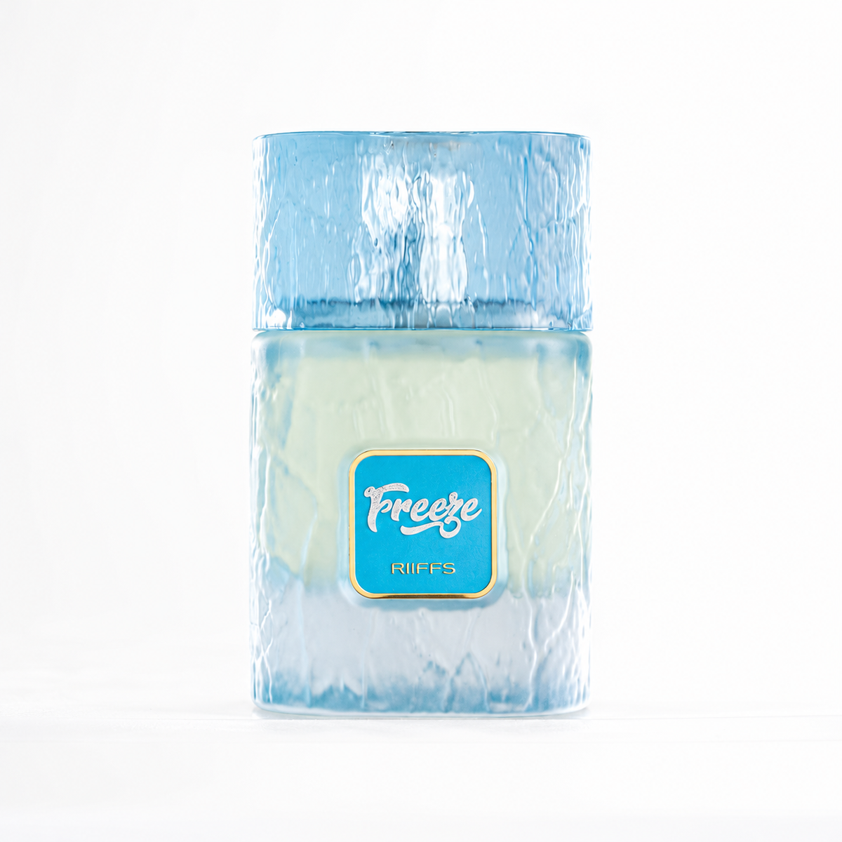 Botella de Freeze de Riiffs Perfumes con tapa azul y etiqueta turquesa sobre fondo blanco.