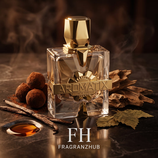 X Xandal en primer plano sobre piedra oscura, rodeado de vainilla, trufas de chocolate, ron, pachulí y madera de oud, con iluminación cálida nocturna, fondo desenfocado y logo discreto debajo del frasco.