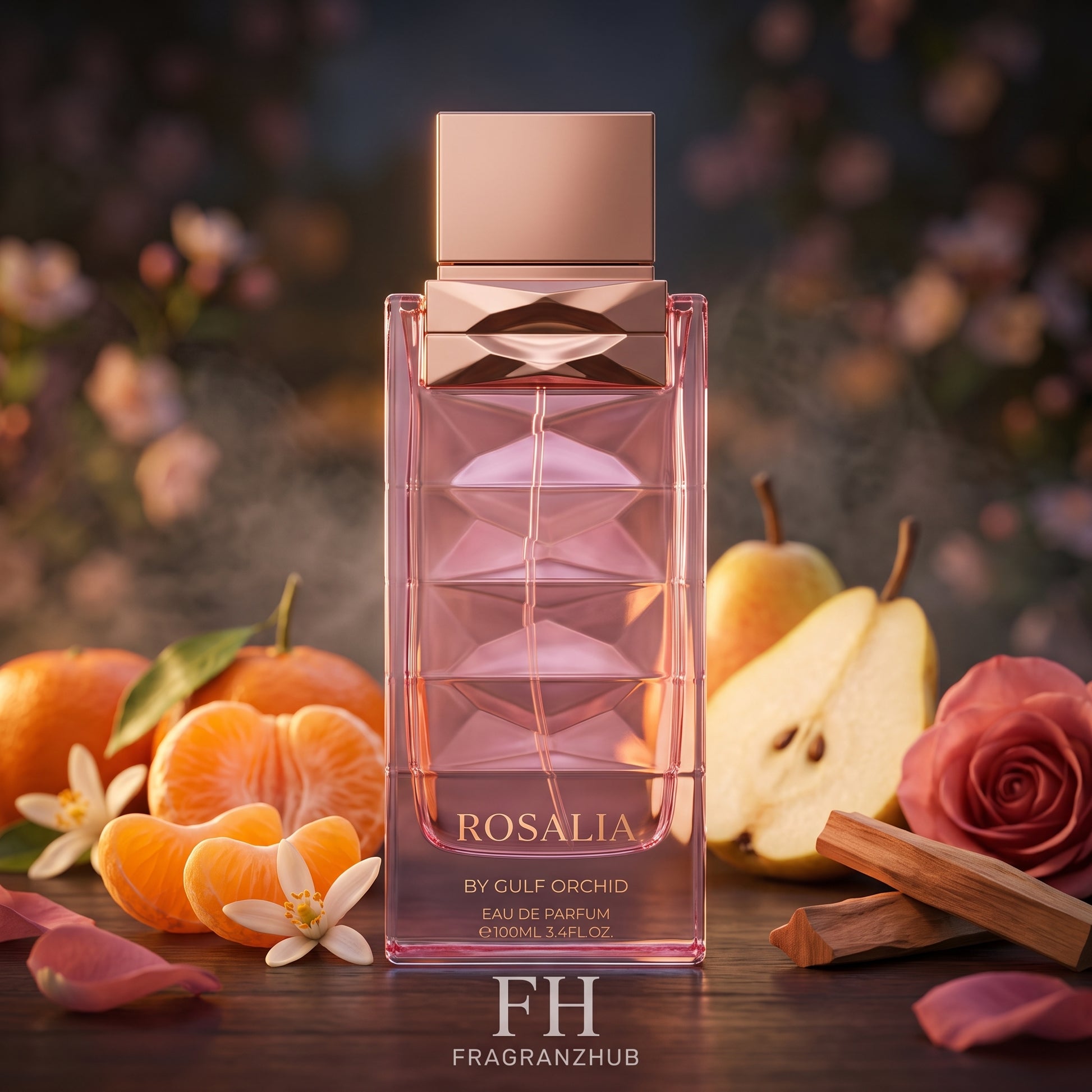 Rosalia de Gulf Orchid, con el frasco en primer plano, rodeado de mandarina, pera, flor de azahar, rosa y sándalo sobre madera oscura, con luz cálida y un jardín desenfocado al fondo.