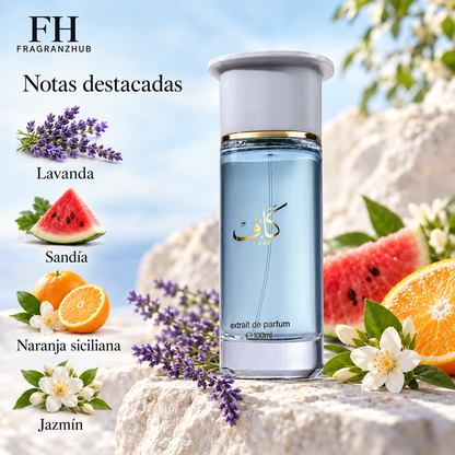 Kaaf de Ahmed Al Maghribi acompañado de lavanda, sandía, naranja y jazmín, con sus notas destacadas.