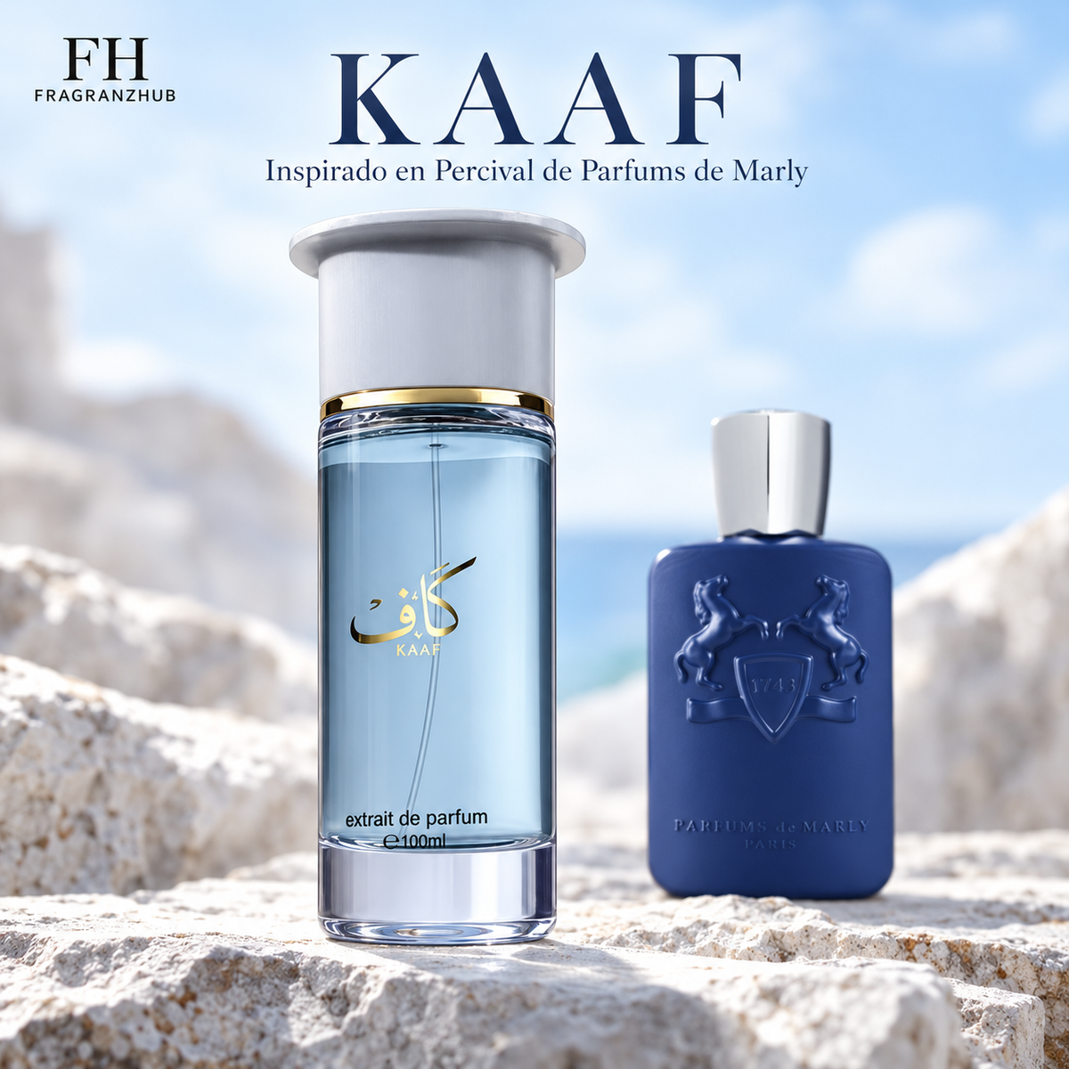 Kaaf de Ahmed Al Maghribi en primer plano junto a Percival de Parfums de Marly, con el texto «Inspirado en Percival».