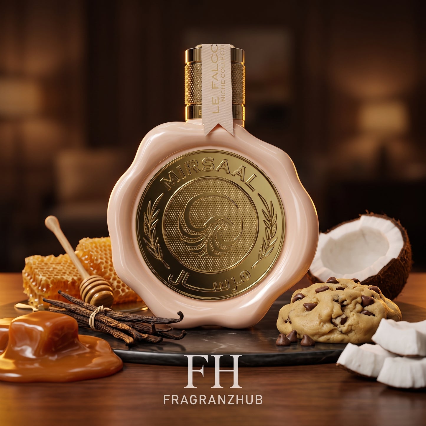 Mirsaal Passion de Le Falconé en primer plano, rodeado de caramelo, masa de galletas, miel, vainilla y coco sobre madera y piedra, con iluminación ámbar cálida y fondo suavemente desenfocado.