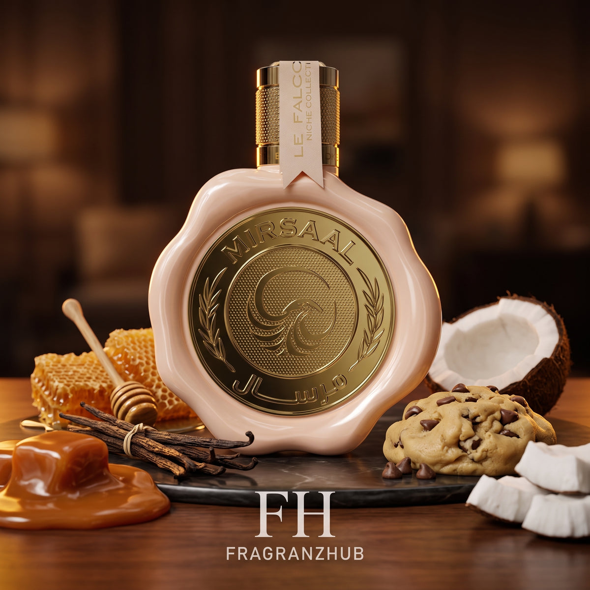 Mirsaal Passion de Le Falconé en primer plano, rodeado de caramelo, masa de galletas, miel, vainilla y coco sobre madera y piedra, con iluminación ámbar cálida y fondo suavemente desenfocado.