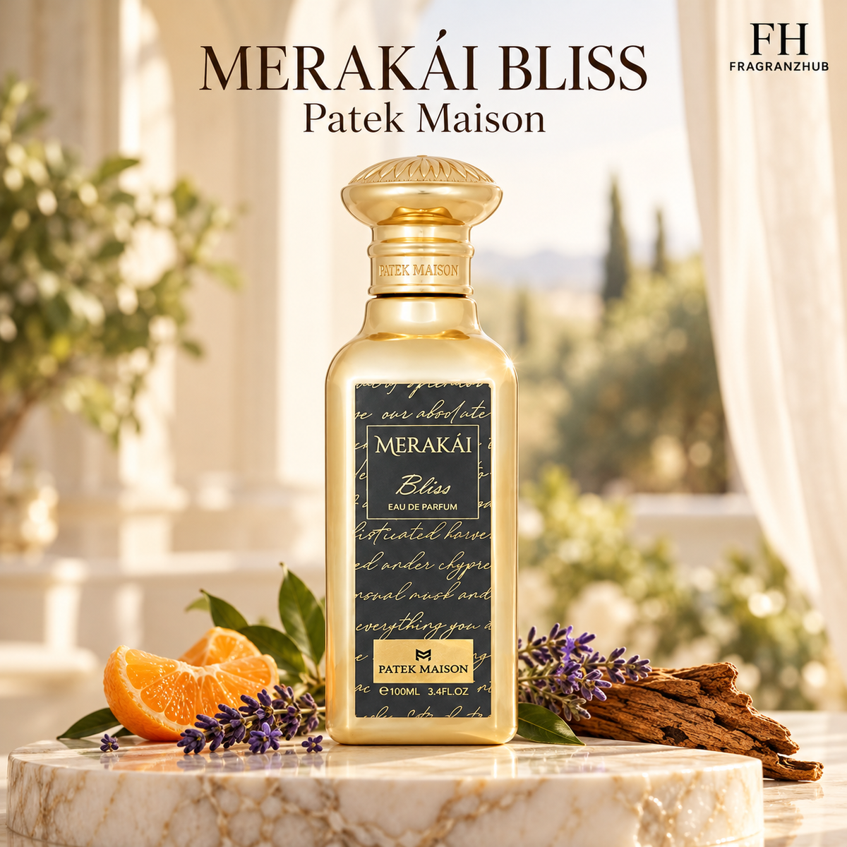Merakái Bliss de Patek Maison sobre mármol, acompañado de mandarina, lavanda y madera, con un jardín desenfocado al fondo