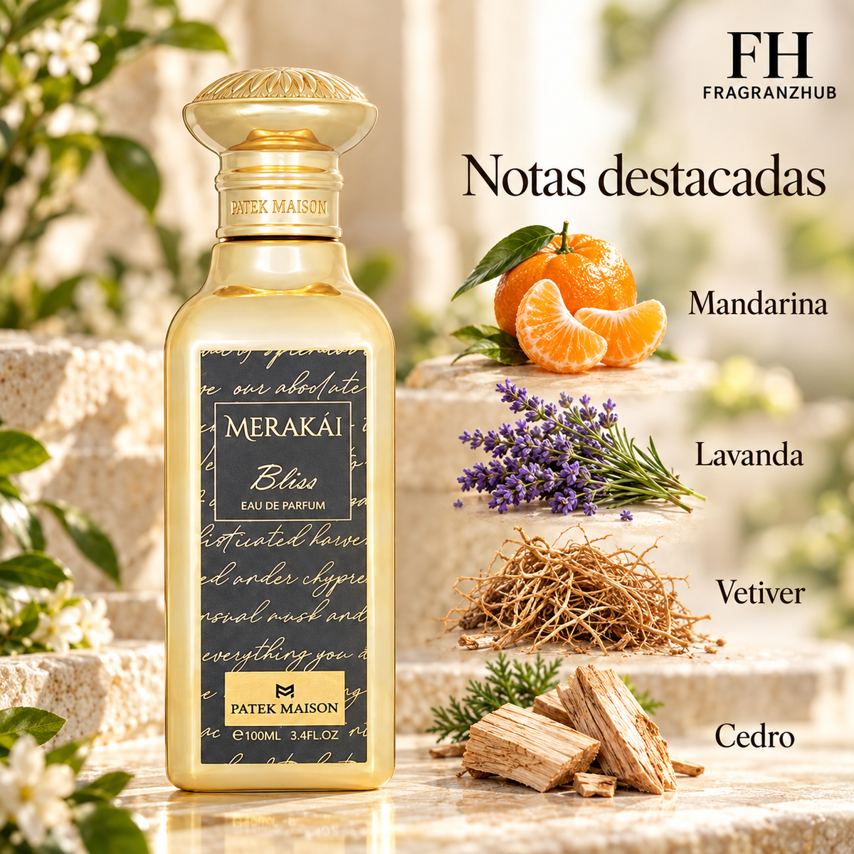 Merakái Bliss de Patek Maison con mandarina, lavanda, vetiver y cedro, sus notas destacadas y logo de FragranzHub.
