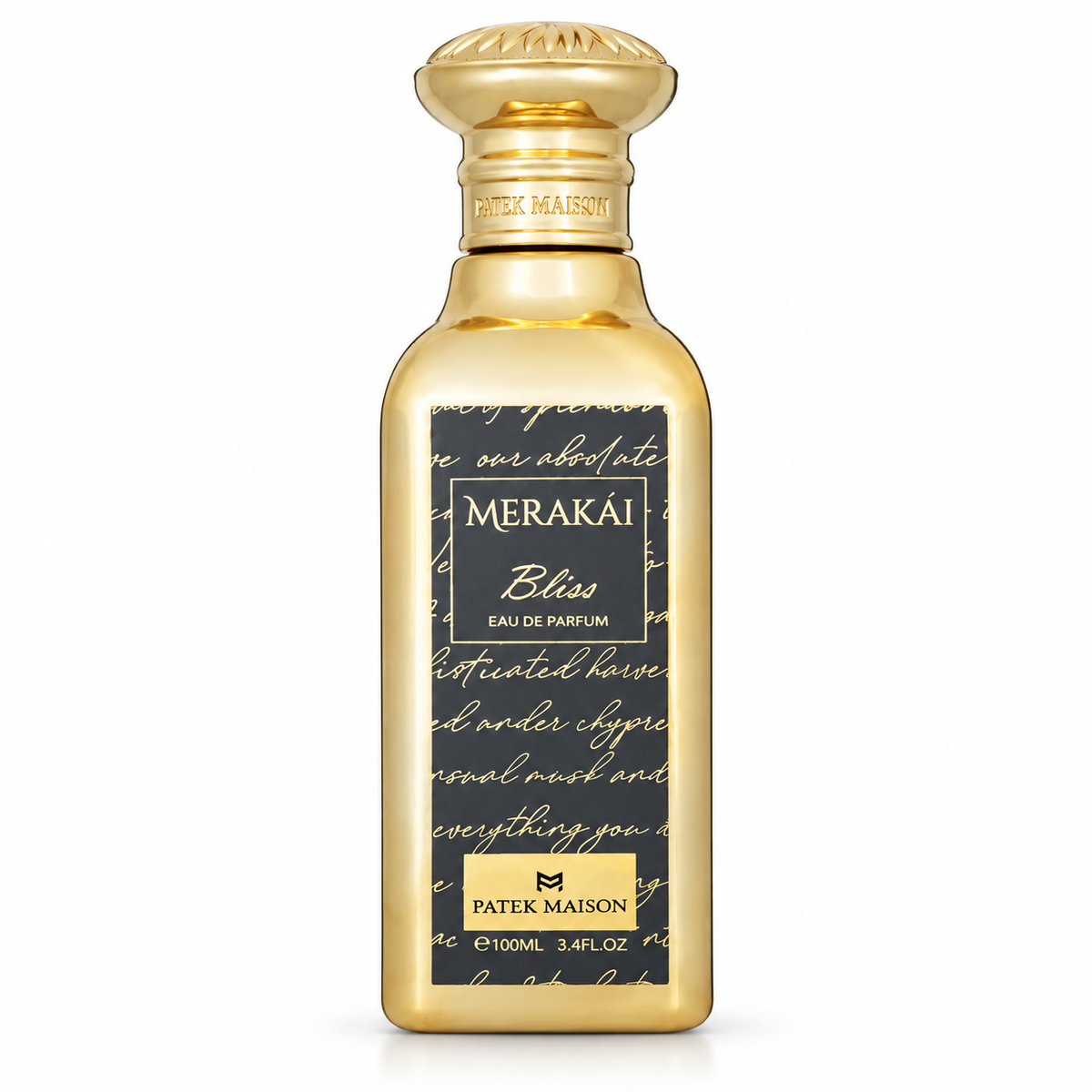 Botella dorada de Merakái Bliss de Patek Maison con etiqueta negra y letras doradas, sobre fondo blanco.