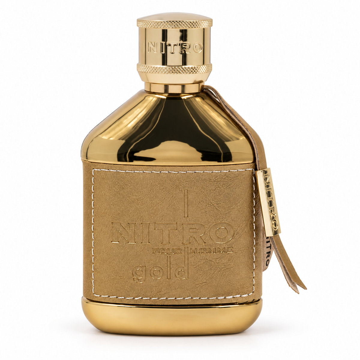 Botella dorada de Nitro Gold de Dumont, con recubrimiento texturizado y costuras blancas, sobre fondo blanco.