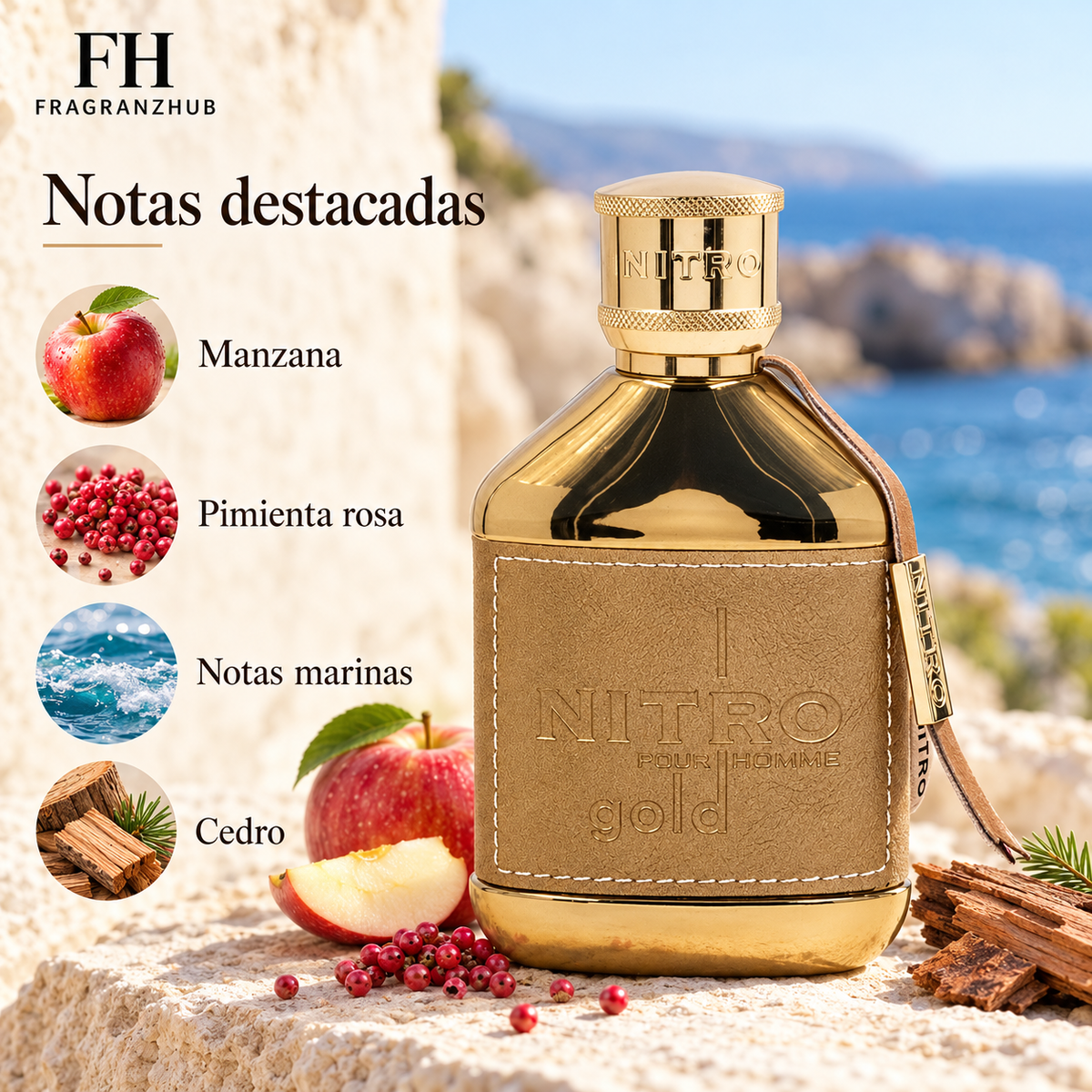 Nitro Gold de Dumont en un entorno costero, acompañado de manzana, pimienta rosa y madera de cedro, con sus notas destacadas.