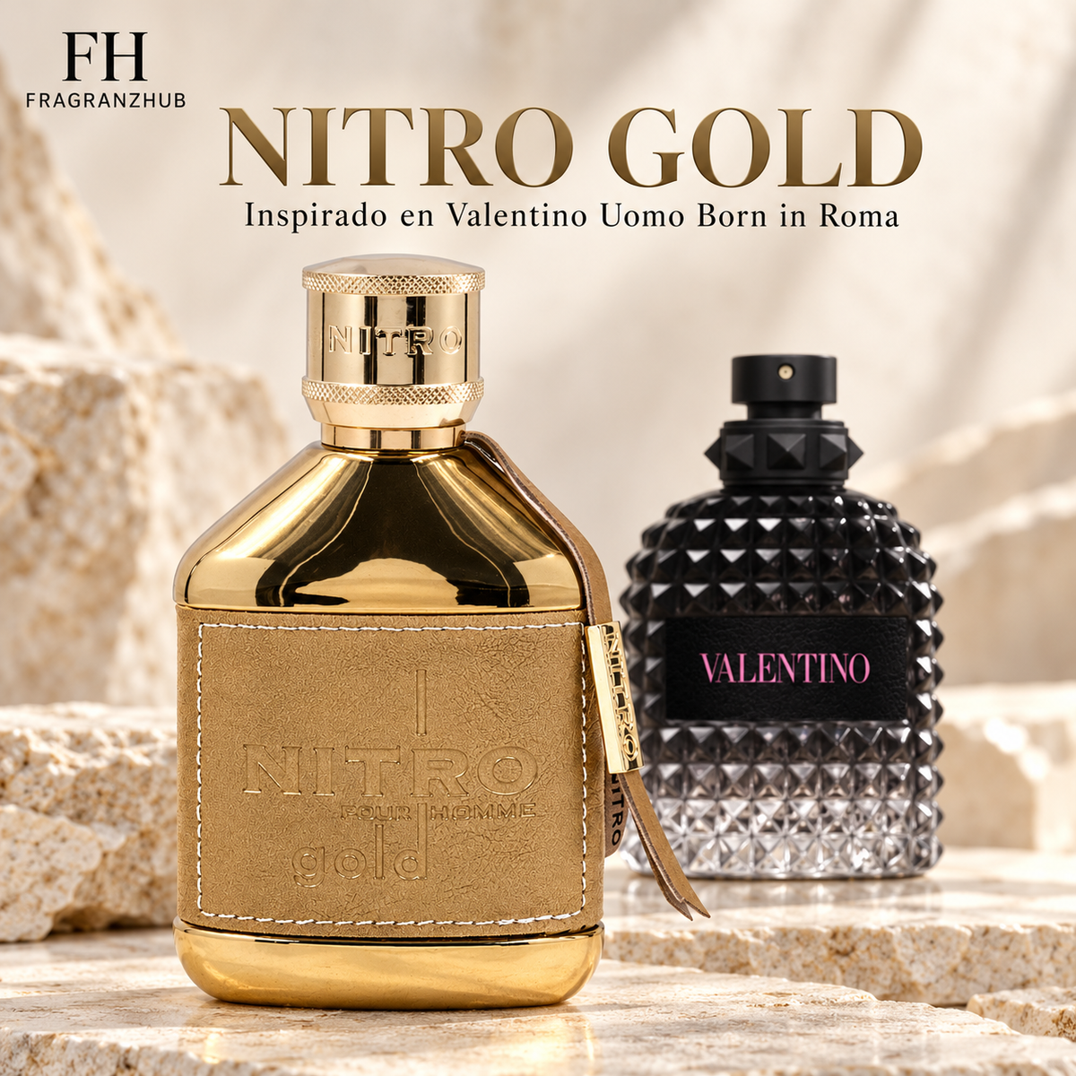 Nitro Gold de Dumont junto a Valentino Uomo Born in Roma, con el texto «Inspirado en Valentino Uomo Born in Roma