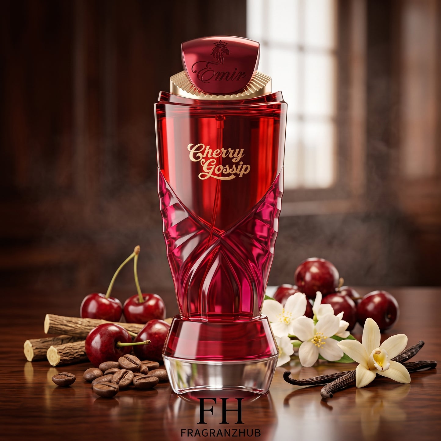 Cherry Gossip con la botella en primer plano, rodeada de cerezas, café, regaliz, jazmín y vainilla sobre madera oscura, con iluminación cálida y dramática en un ambiente elegante y desenfocado.