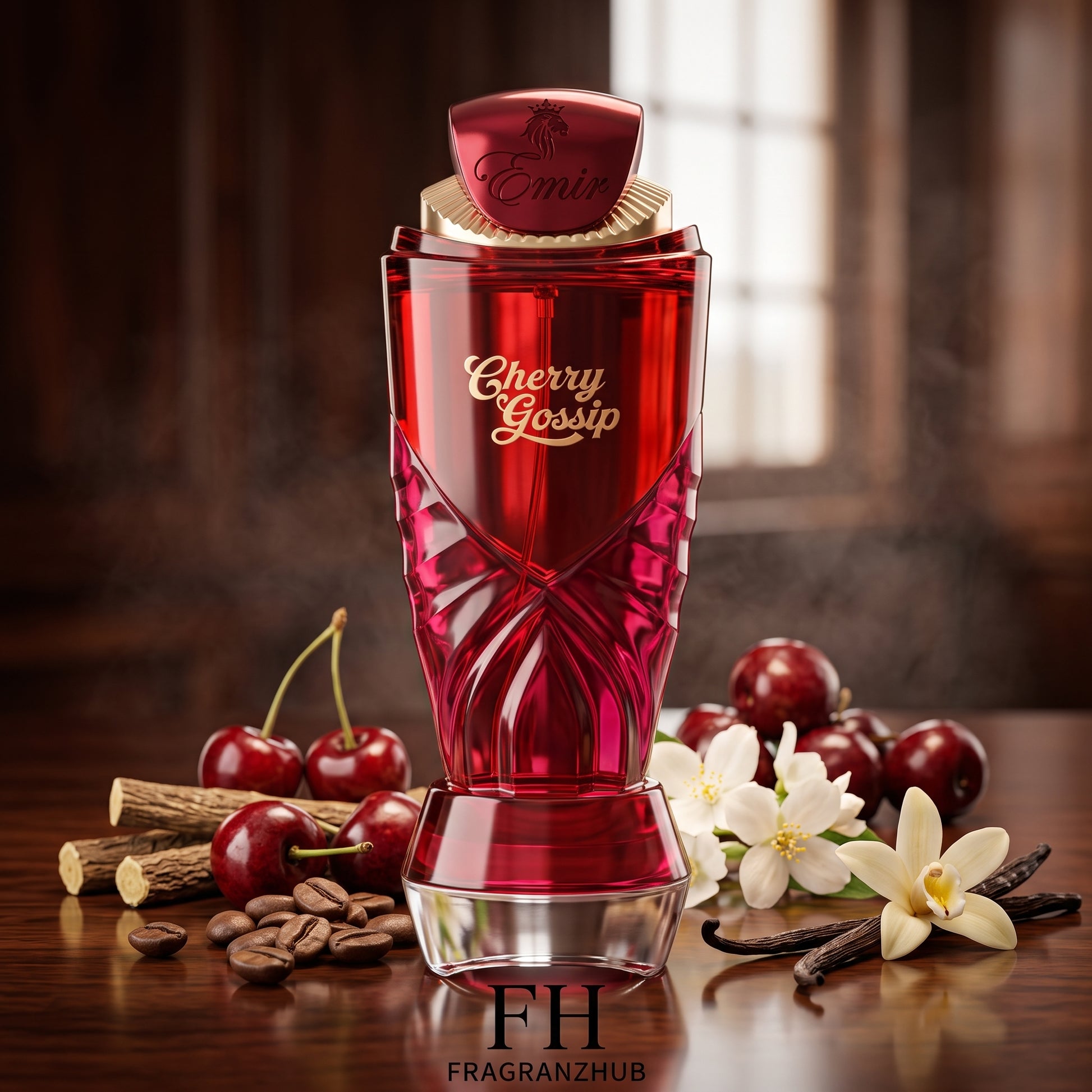 Cherry Gossip con la botella en primer plano, rodeada de cerezas, café, regaliz, jazmín y vainilla sobre madera oscura, con iluminación cálida y dramática en un ambiente elegante y desenfocado.