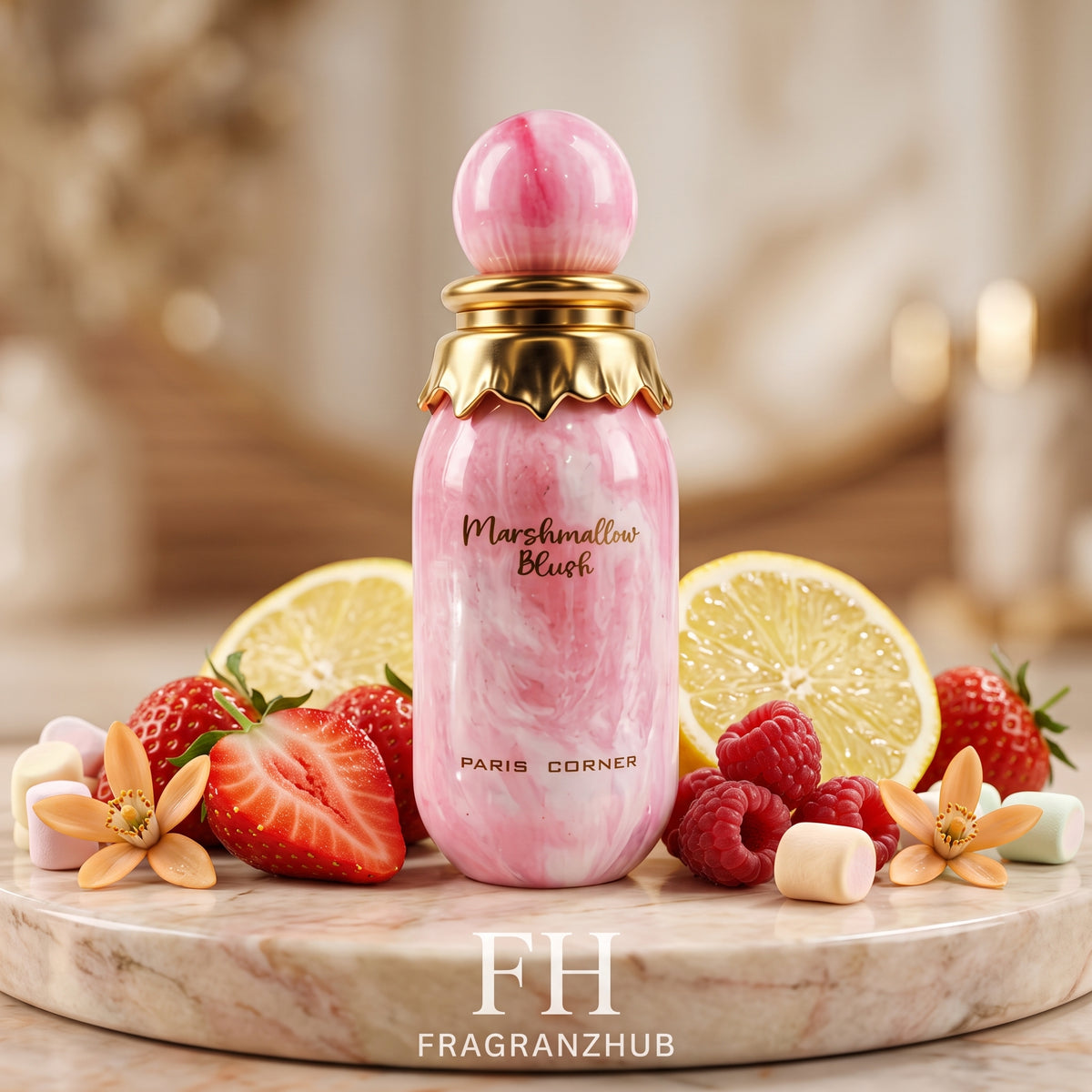 Marshmallow Blush en primer plano, rodeado de fresas, frambuesas, limón, flores de azahar y malvaviscos sobre piedra, con iluminación cálida, fondo desenfocado y ambiente gourmand elegante.