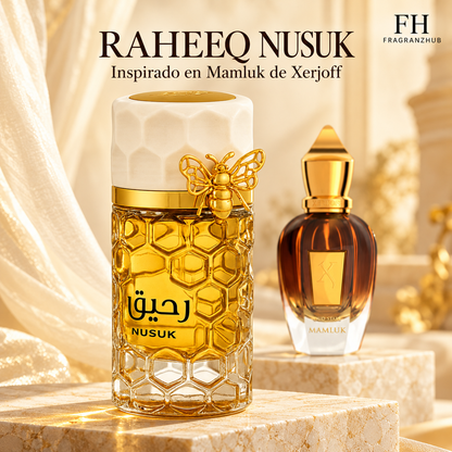 Raheeq de Nusuk en primer plano junto a Mamluk de Xerjoff, con texto de inspiración sobre un fondo crema y dorado.