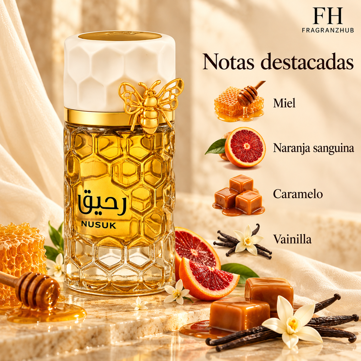 Raheeq de Nusuk acompañado de miel, naranja sanguina, caramelo y vainilla, con sus notas destacadas y logo de FragranzHub.