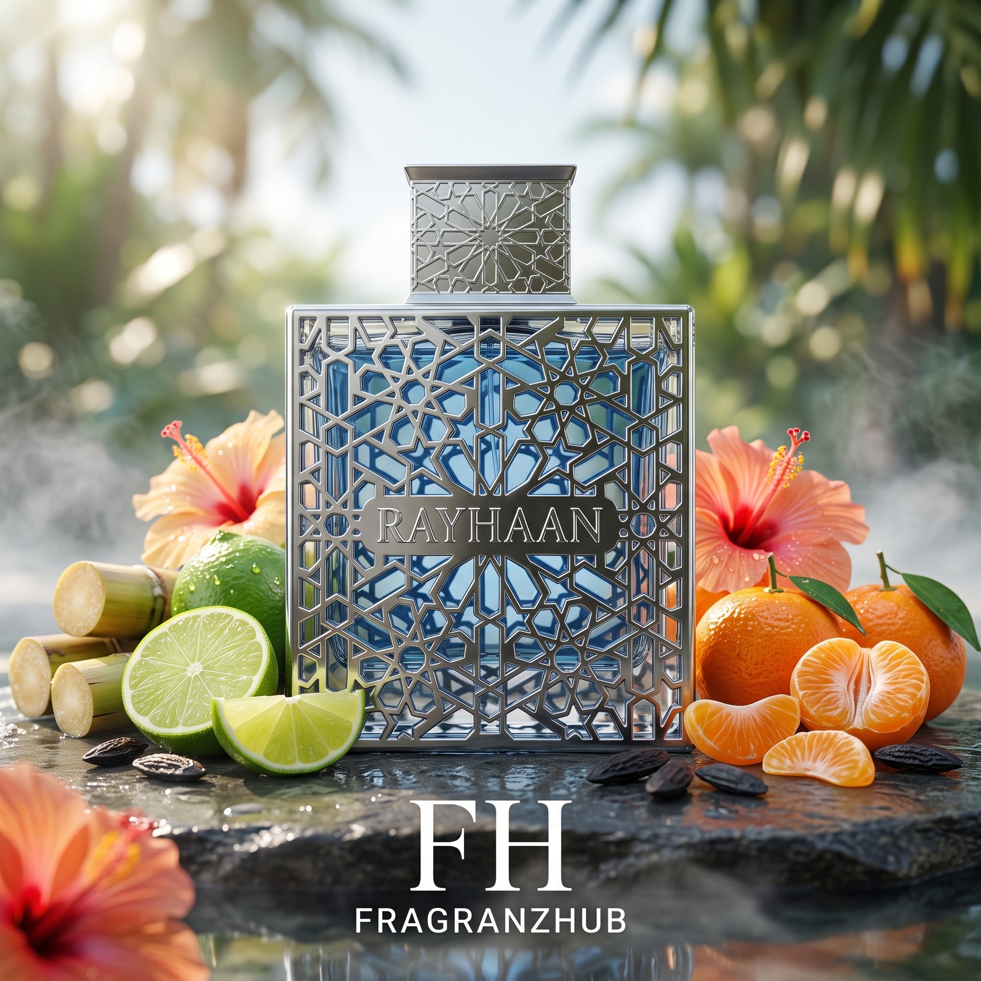Aquatica de Rayhaan en primer plano, rodeado de lima, mandarina, caña de azúcar, hibisco y haba tonka sobre piedra húmeda, con luz tropical brillante, bruma sutil y fondo vegetal desenfocado.