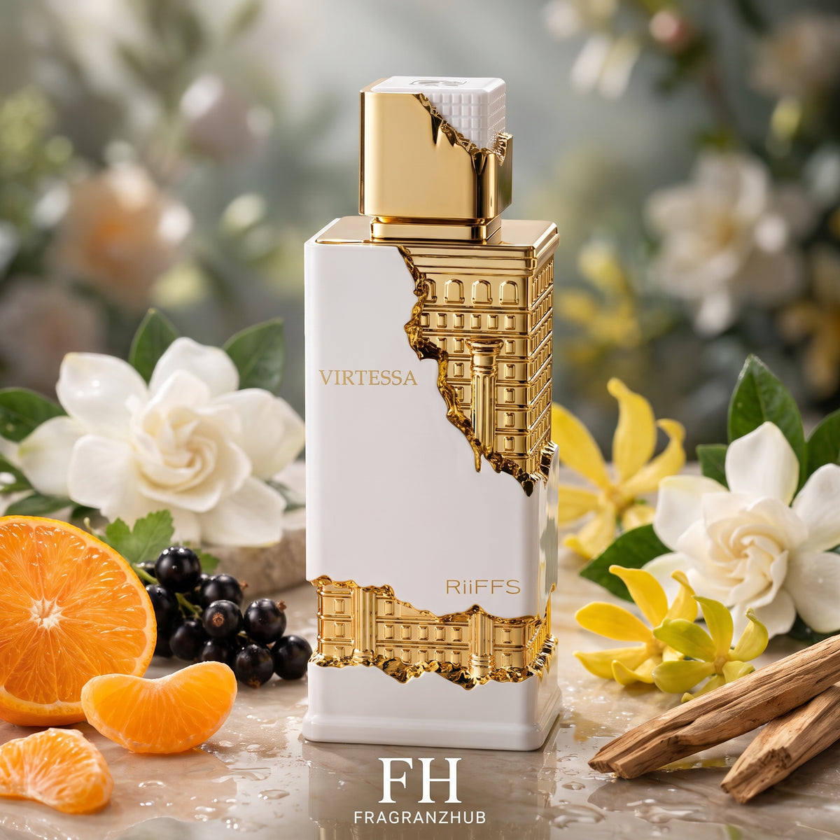 Virtessa de Riiffs Perfumes en primer plano sobre piedra pulida, rodeado de mandarina, grosellas negras, gardenia, ylang-ylang y sándalo, con luz cinematográfica y jardín suavemente desenfocado.