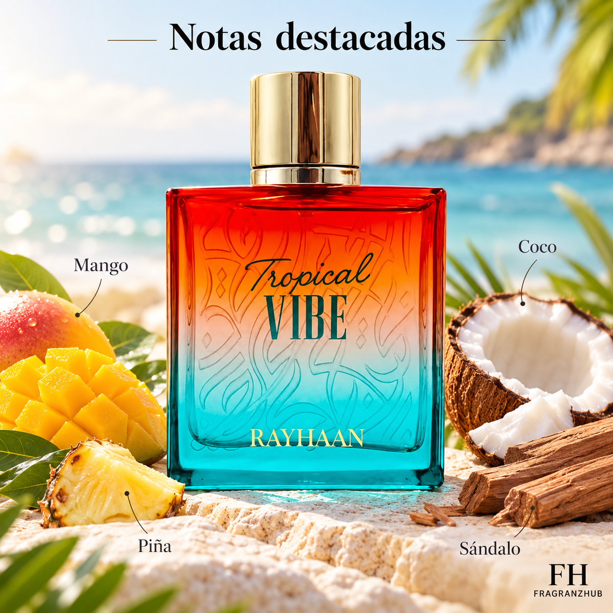 Tropical Vibe de Rayhaan en un ambiente tropical con mango, piña, coco y sándalo como notas destacadas.