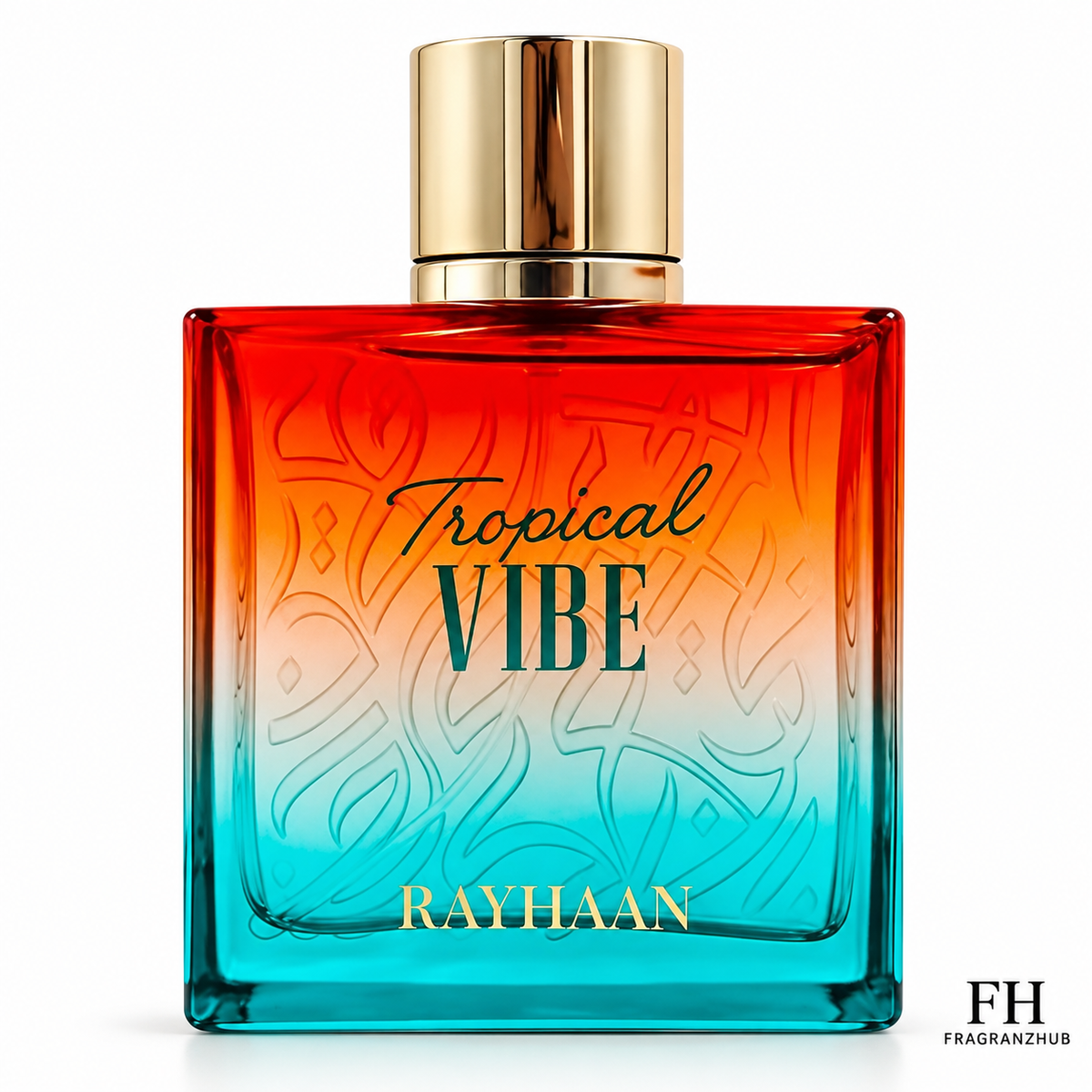 Tropical Vibe de Rayhaan, botella con degradado naranja y turquesa y tapa dorada sobre fondo blanco.