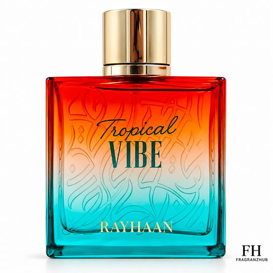 Tropical Vibe de Rayhaan, botella con degradado naranja y turquesa y tapa dorada sobre fondo blanco.
